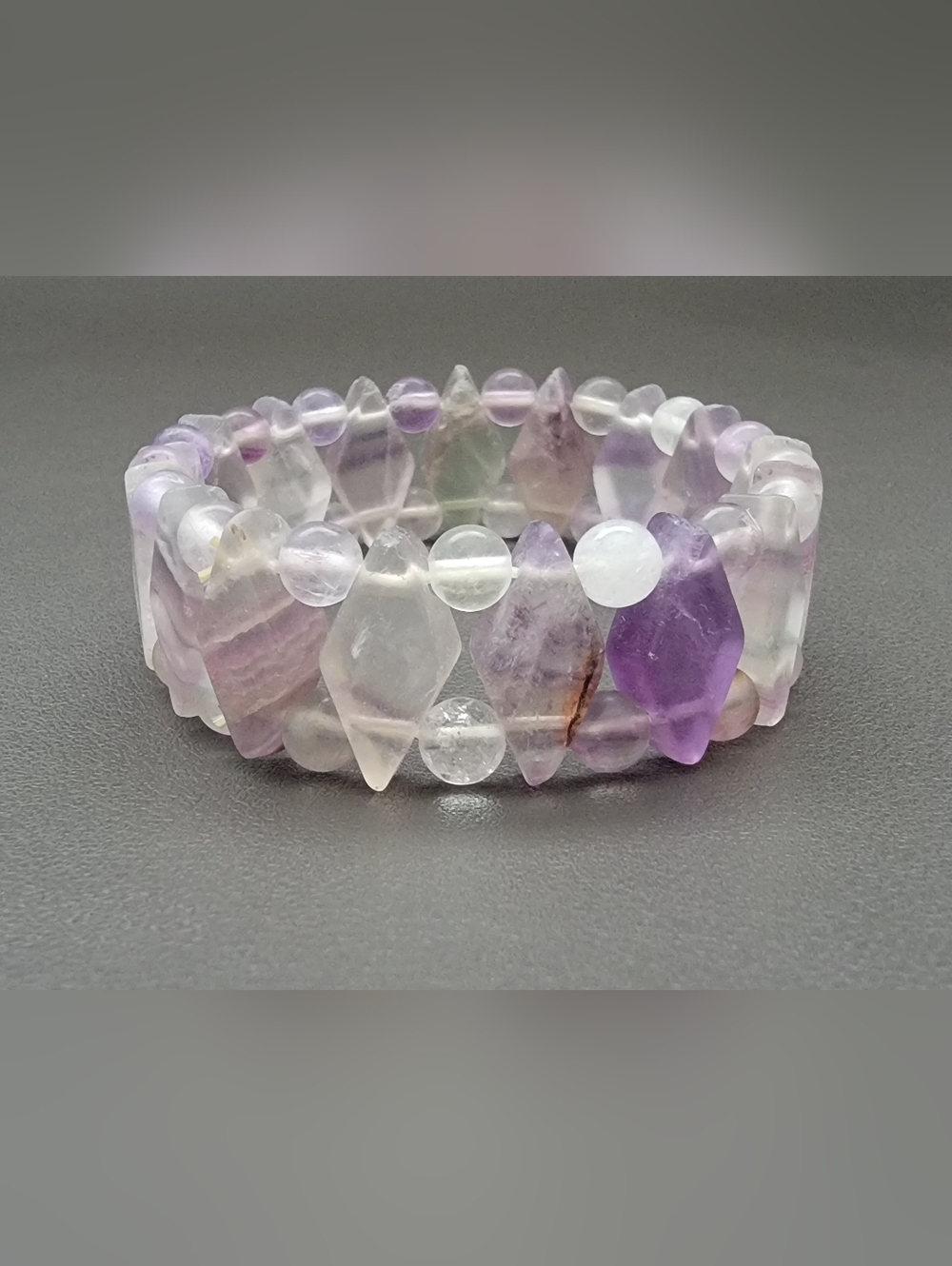 Fluorite Rounded & Diamond Shape Stretch Bracelet | Lavender Green Clear Crystal
